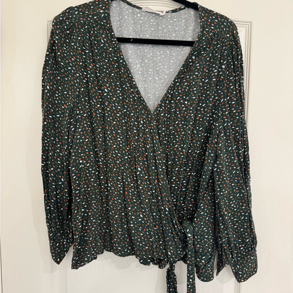 All in Favor Green Patterned Wrap Blouse